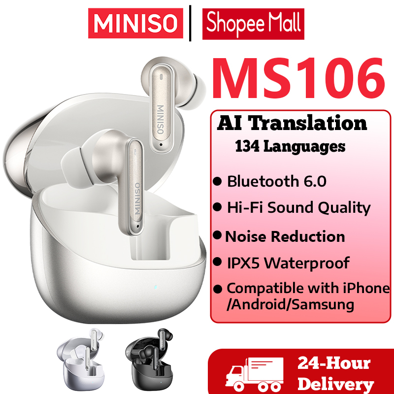 หูฟังบลูทูธไร้สาย MINISO MS106 AI หูฟังแปลภาษา 135 ภาษา TWS หูฟังไร้สาย แบต ไอพีเอ็กซ์5กันน้ําลดเสียง 55 ชั่วโมง รองรับมือถือโน๊ตบุ๊ค