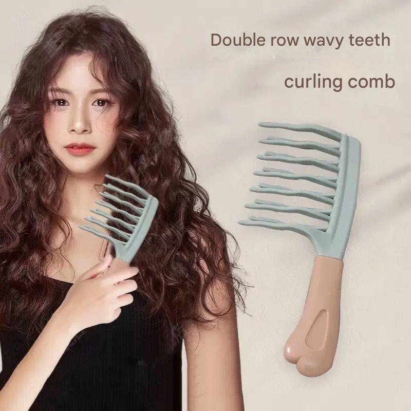 แปรงผม คู่แถวกว้างฟัน Detangling หวี Fluffy Hairdressing จัดแต่งทรงผมเครื่องมือหวียาว Perm Curly Hairbrush ผมหยิกร้านทําผมจัดแต่งทรงผมหวี