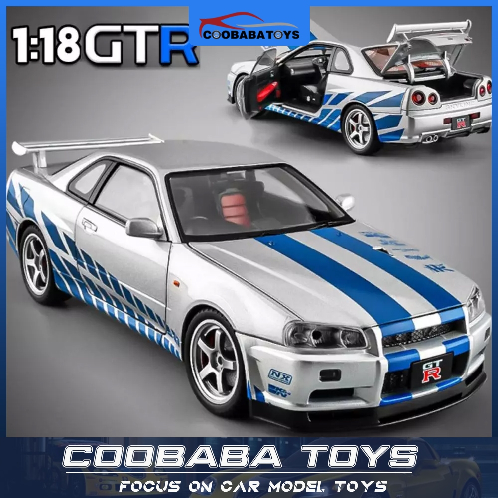 1:18 SKYLINE Nissan GTR R34 โลหะผสมDiecastรถของเล่นเสียงดึงBacสําหรับเด็กเด็กผู้ใหญ่สะสมรถของขวัญ