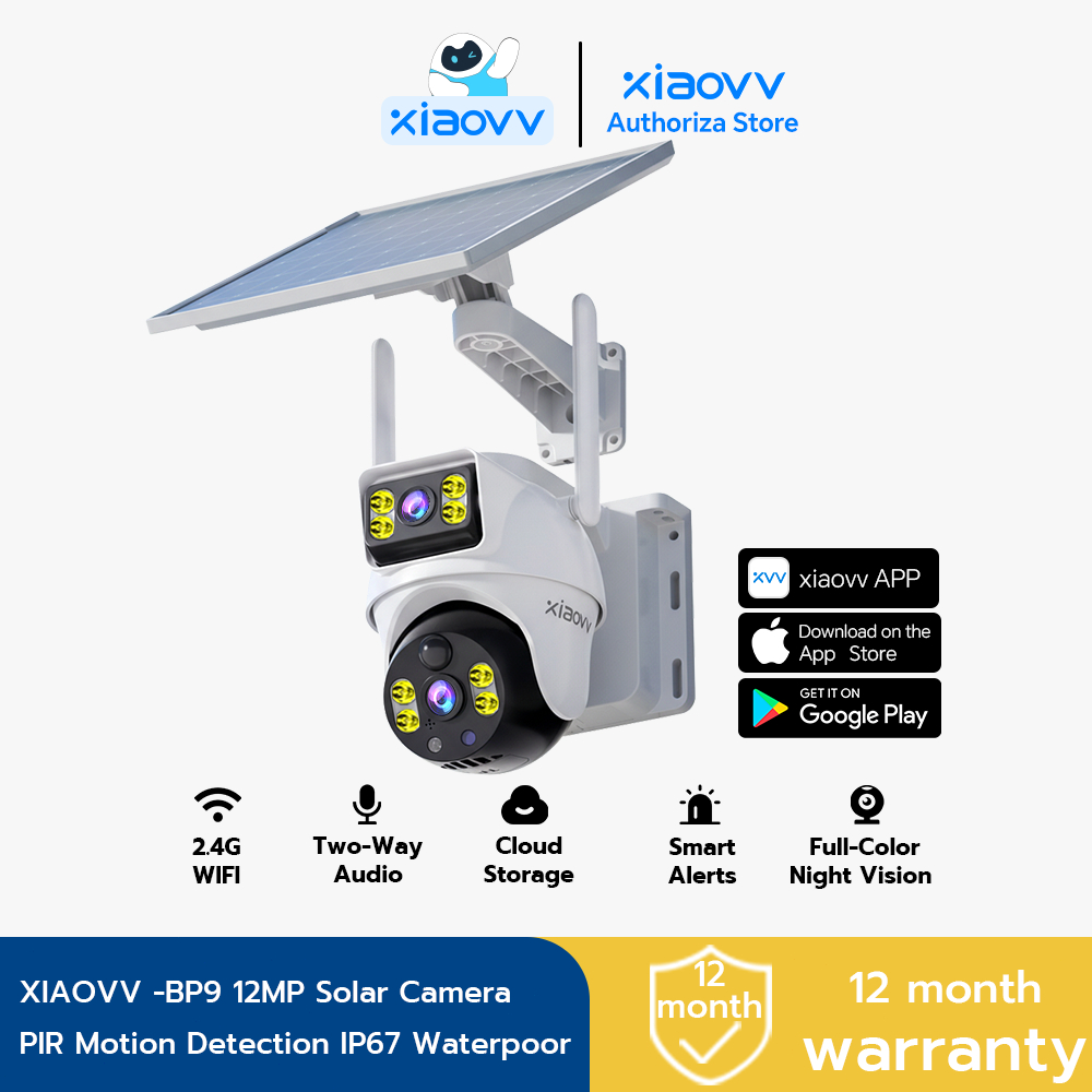 Xiaovv กล้องรักษาความปลอดภัยไร้สายเลนส์คู่ 12MP, พลังงานแสงอาทิตย์,WIFI Outdoor PTZ, 360° ดู, การมองเห็นได้ในเวลากลางคืนสี, PIR, การติดตามอัตโนมัติ, กันน้ํา IP67