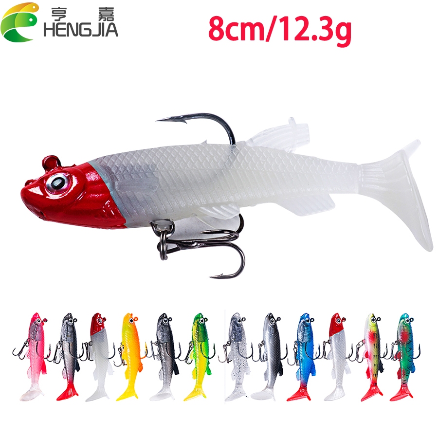 (พร้อมสต็อก) HEGJIA 12 สี Sinking Minnow เหยื่อตกปลาสําหรับเบส 8 ซม.-12.3g T-Tail ตกปลาหัวตะกั่ว Jig Hook Swimbaits เหยื่อตกปลาเหยื่อพลาสติกอ่อน Paddle Tail