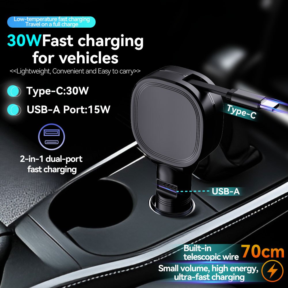 30W Car Charger 2 in 1 Retractable Cable QC PD Fast Car Phone Charger
