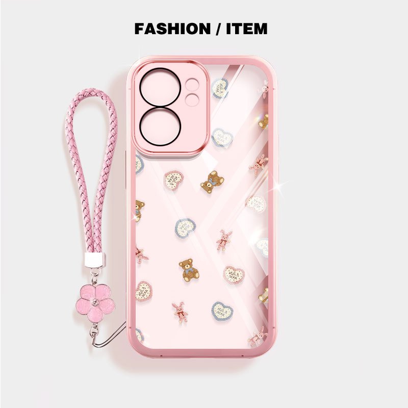VRQR สําหรับ Oppo Reno15 Reno16 F 5G Reno 15 16 Pro 5G 15F 16F หมีน้อยใสกันกระแทกเคสโทรศัพท์พร้อมเชือกดอกไม้