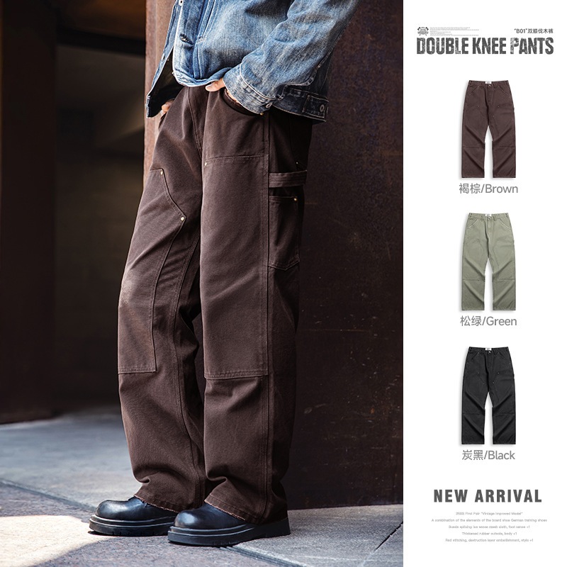 นาย ยี่ห้อ 2025 ฤดูใบไม้ร่วงใหม่อเมริกันสบายๆ ข01 คู่เข่าเข้าสู่ระบบกางเกงตรงขาผ้าใบทํางานกางเกงทหารสีเขียวกางเกงผู้ชาย