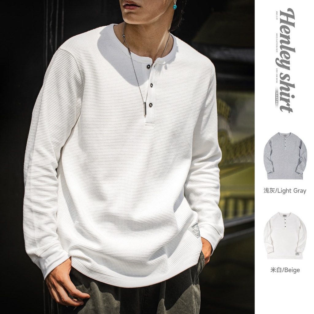 MRA ยี่ห้อ Henry คอปกไหล่ 300g heavyweight เสื้อแขนยาวสีขาวพร้อมชุดฤดูใบไม้ร่วงผู้ชายสไตล์วินเทจ
