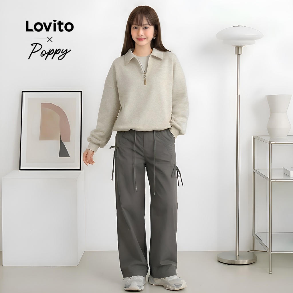 Lovito กางเกงขายาว  สีพื้น เชือกรูด สไตล์ลำลอง สำหรับผู้หญิง L110AD121