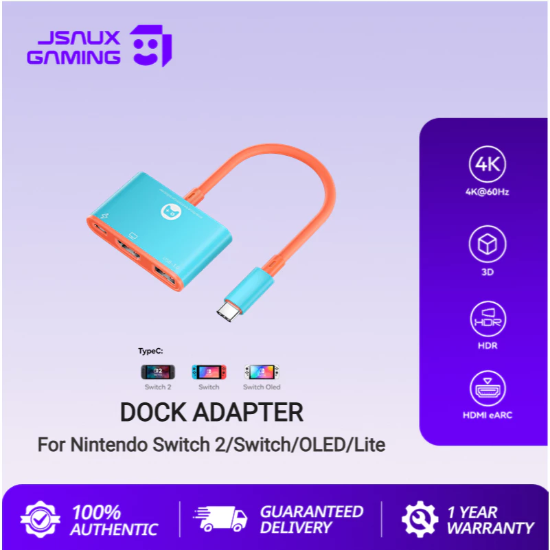 JSAUX Dock Adapter for Switch 2/Switch/OLED สําหรับสวิตช์ 2 Docking Station 3-in-1 USB Type C อะแดปเตอร์ HDMI สําหรับ Nintendo Switch 1/ 2/พอร์ตชาร์จ OLED สําหรับแล็ปท็อปแท็บเล็ต-CV0087 & CV0086&CV0088