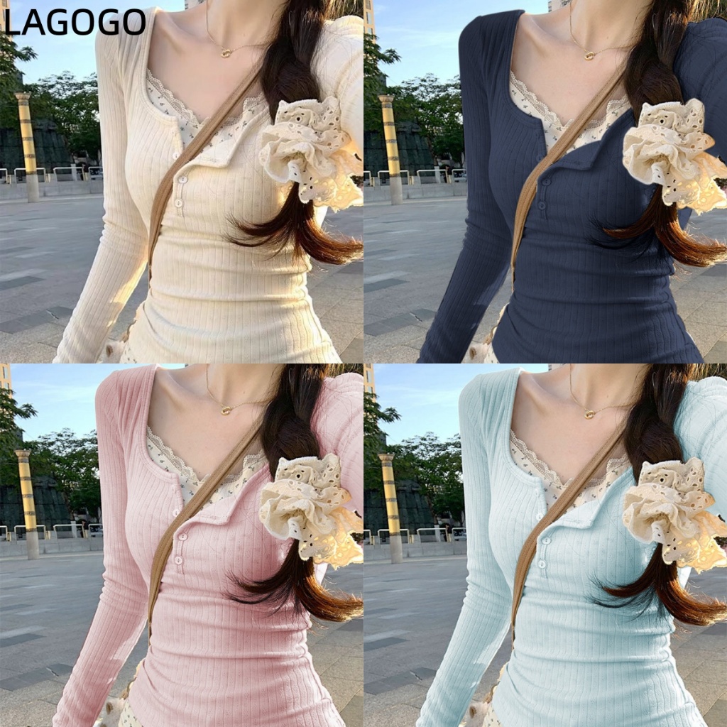 Lace Bottoming แขนยาวดอกไม้สไตล์ใหม่ Slim-fit Slimmer ดูเสื้อยืด