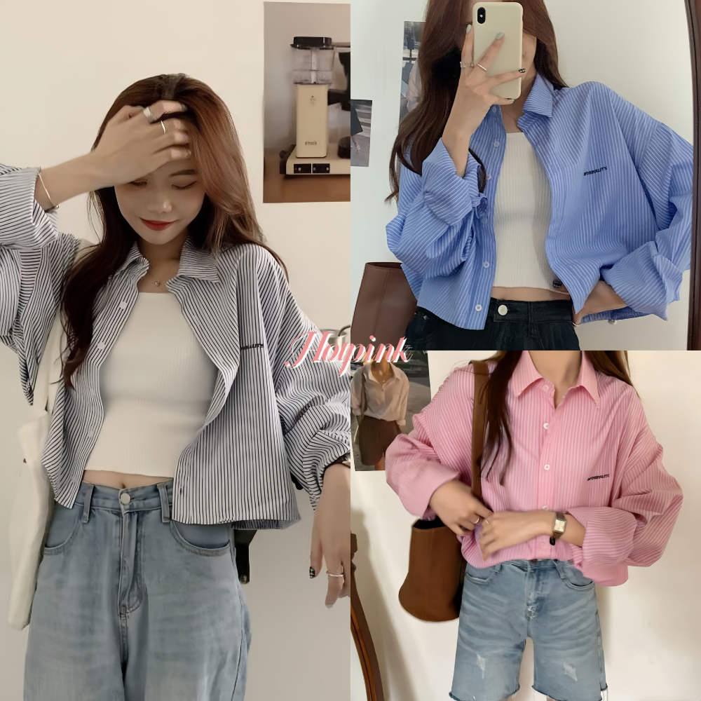 Hotpink ส่งจาก Bangkok🔥เสื้อเชิ้ตผู้หญิง ดีไซน์ใหม่ เสื้อเชิ้ตแขนยาวลายทางสั้นแบบลำลองและใช้งานได้หลากหลาย