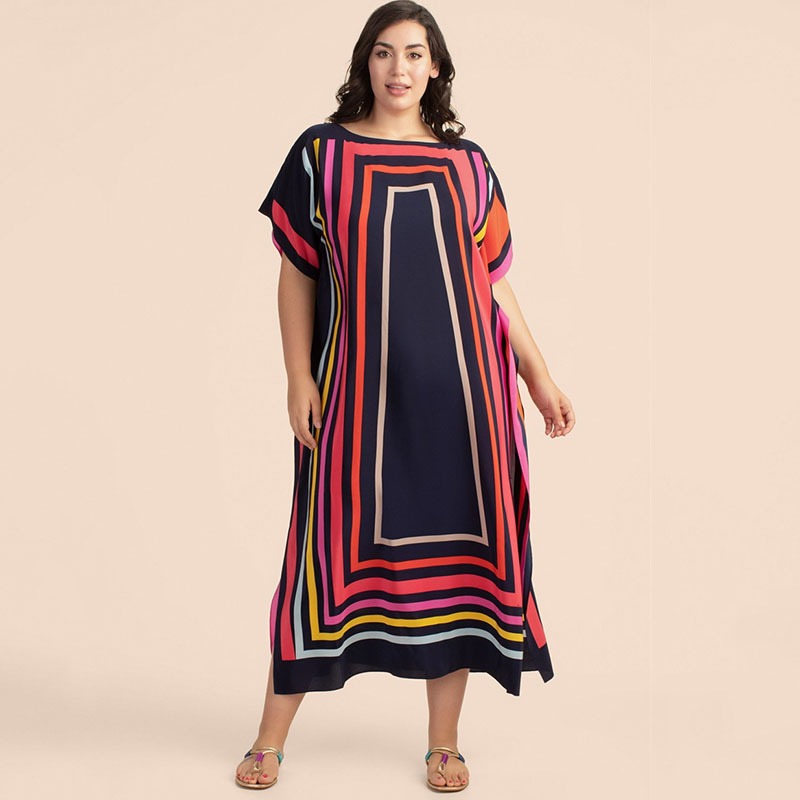 Plus ขนาดเสื้อสําหรับชายหาดฤดูร้อนผู้หญิงสี่เหลี่ยมผืนผ้า Stripe Maxi ชุดการพิมพ์ Beach Up Robe de P