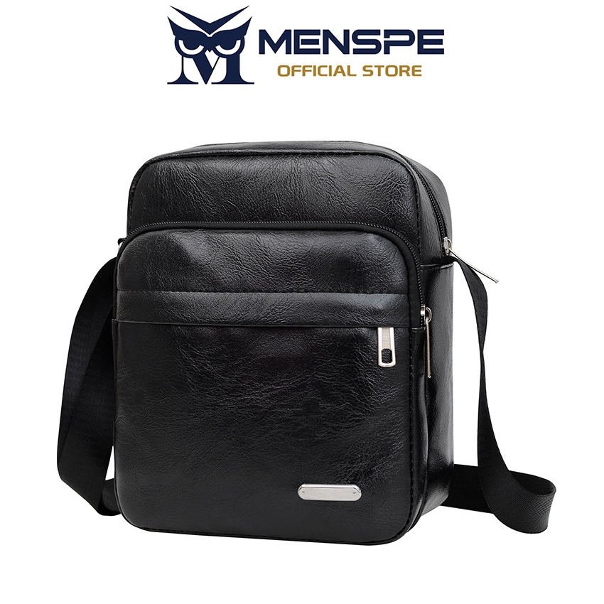 MENSPE กระเป๋าสะพายไหล่ผู้ชายแฟชั่นหนัง PU กันน้ําน้ําหนักเบา Casual Sport Business Commuter Bag