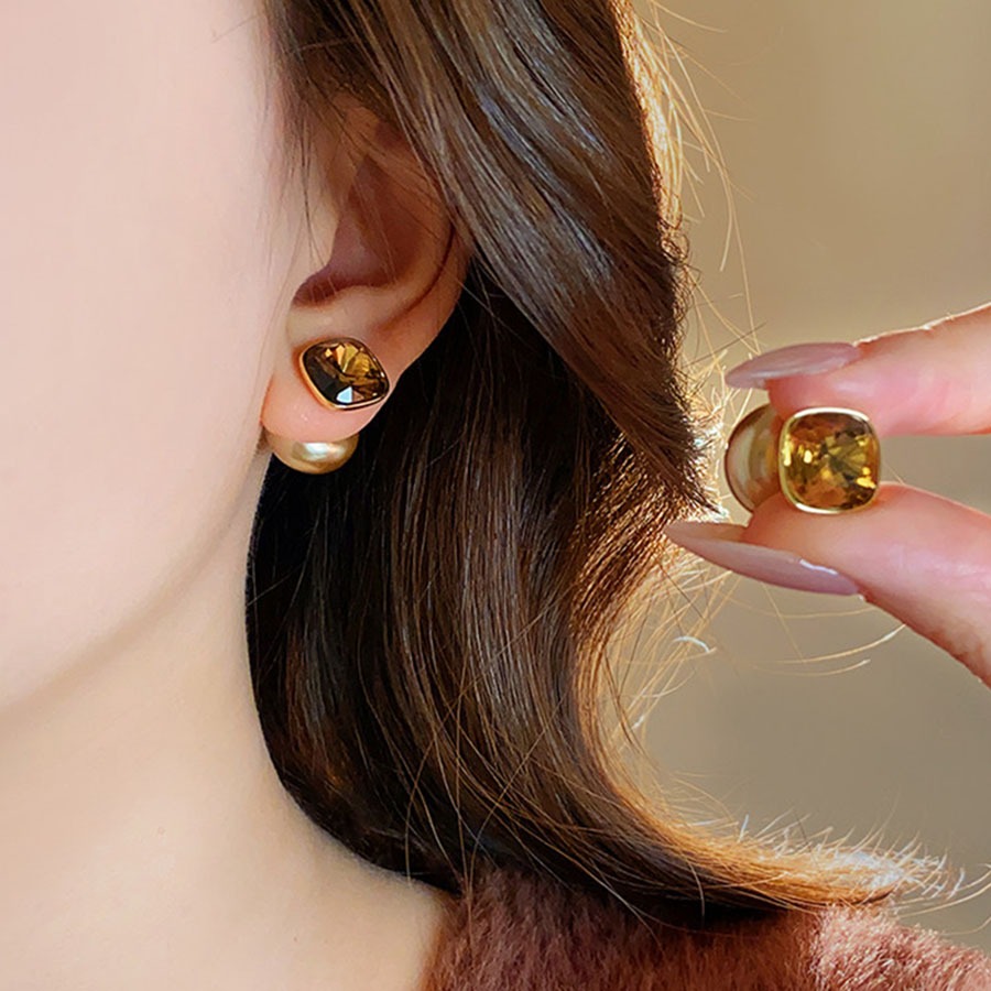 ต่างหูมุก Rhinestone สี่เหลี่ยมสีน้ําตาล ดีไซน์ใหม่ สำหรับคนที่ชอบความหรูหรา