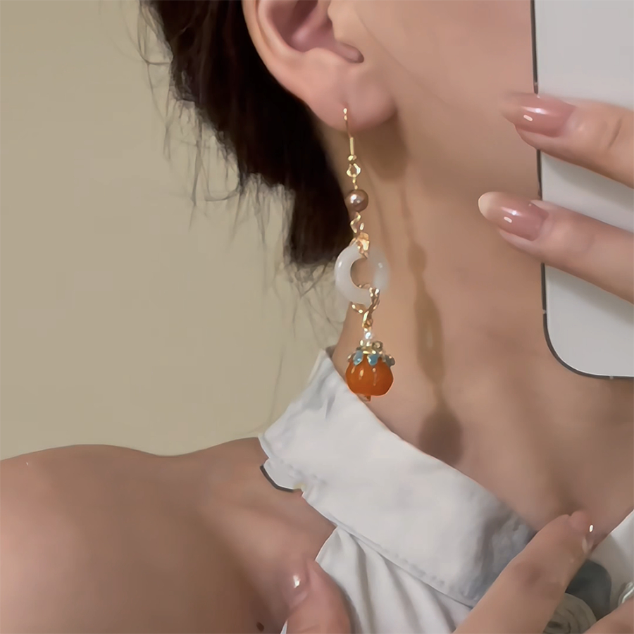 ต่างหูสไตล์จีนย้อนยุค ดีไซน์ลายฟักทอง แบบยาว ปลอดภัยสำหรับการสวมใส่ - รูปที่ 3