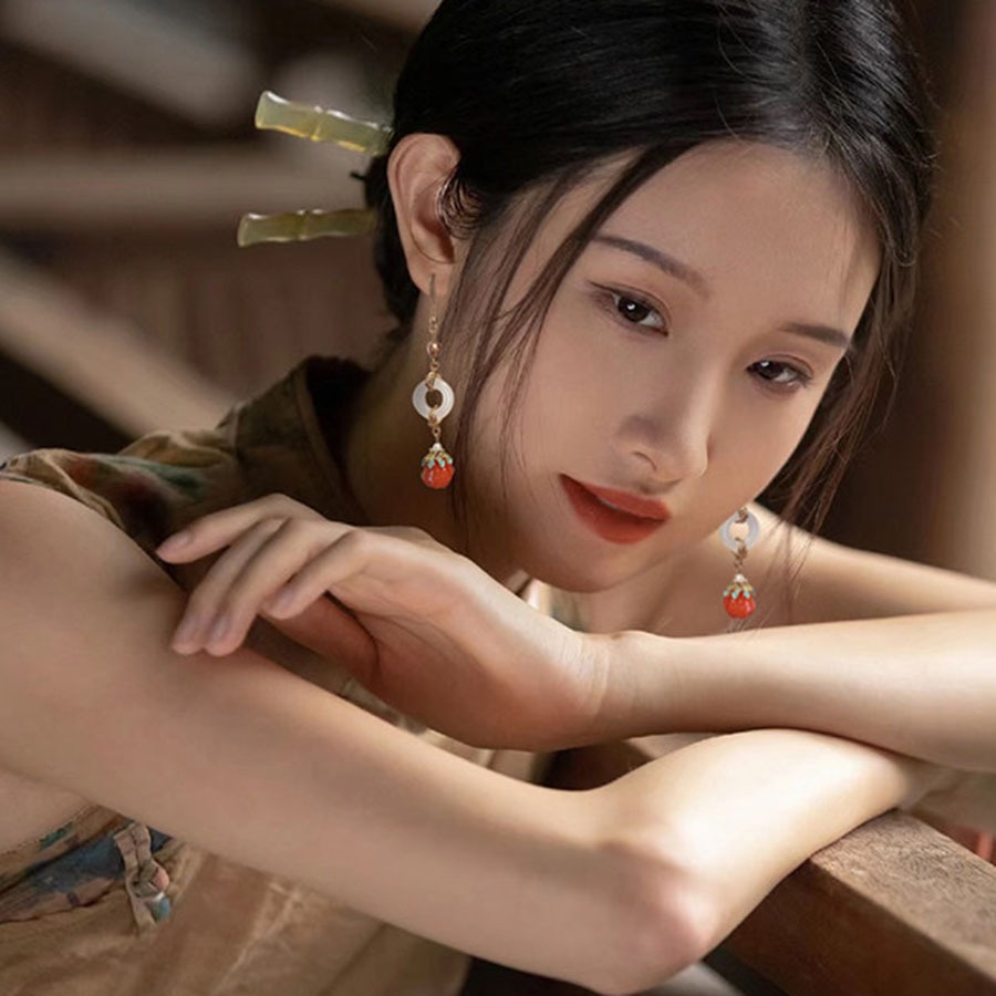 ต่างหูสไตล์จีนย้อนยุค ดีไซน์ลายฟักทอง แบบยาว ปลอดภัยสำหรับการสวมใส่ - รูปที่ 5