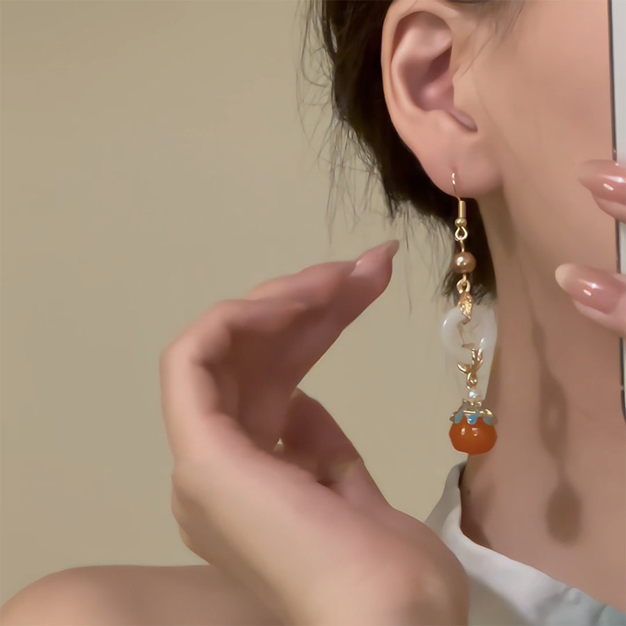 ต่างหูสไตล์จีนย้อนยุค ดีไซน์ลายฟักทอง แบบยาว ปลอดภัยสำหรับการสวมใส่ - รูปที่ 6