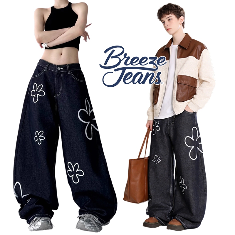[Unisex Luxury Style]  กางเกงขากว้าง High-Waisted 2026 🎯 ลายพิมพ์ดอกไม้สวยงาม สี Indigo Blue | ทรง Slimmer ดูเพรียวบาง ใส่แล้วหรูระดับพรีเมียมBreeze jeans