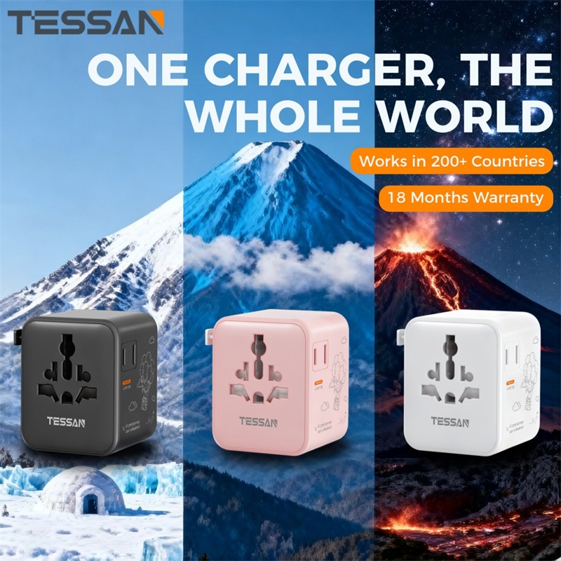 TESSAN อะแดปเตอร์ปลั๊กสากล พร้อมที่ชาร์จ USB C 2 พอร์ต 2 พอร์ต สําหรับ TH เป็น EU UK AUS JP