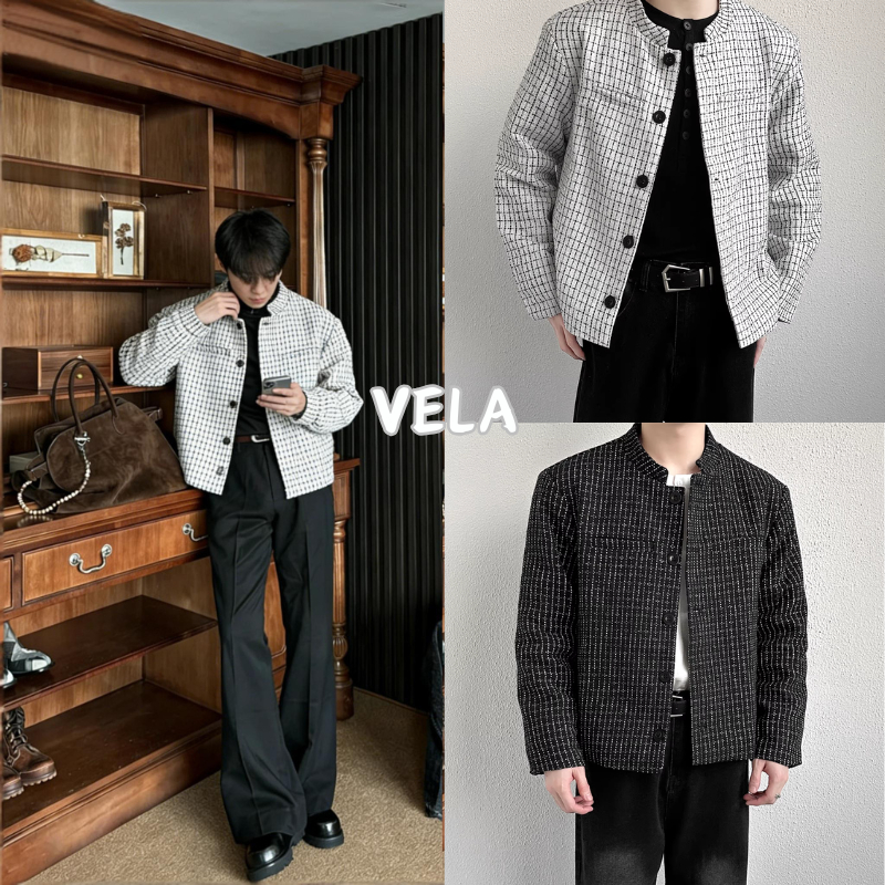 VELA- เสื้อแจ็คเก็ตผู้ชาย สไตล์ชาแนลสีดำ、สีขาว ลายสก็อตแขนสั้น  ดีไซน์พรีเมียมสไตล์วินเทจใหม่สำหรับฤดูใบไม้ผลิและฤดูใบไม้ร่วง ให้ลุคแฟชั่นสูง M-3XL