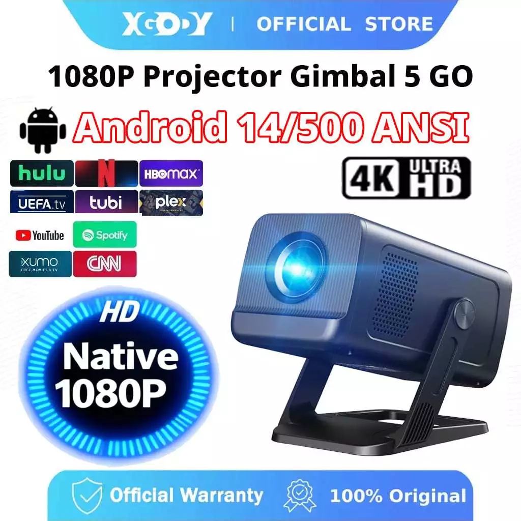 XGODY Gimbal 5 GO โปรเจคเตอร์พกพา Android 14 สนับสนุน 4K 8K HD ความสว่าง 300 ANSI