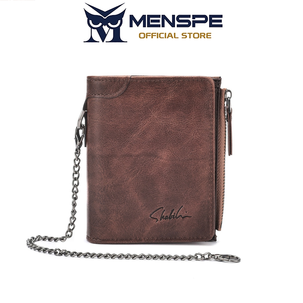 MENSPE Mens Retro PU Short Wallet Multi-Functional Anti-Theft Snap Wallets with Detangle Chain