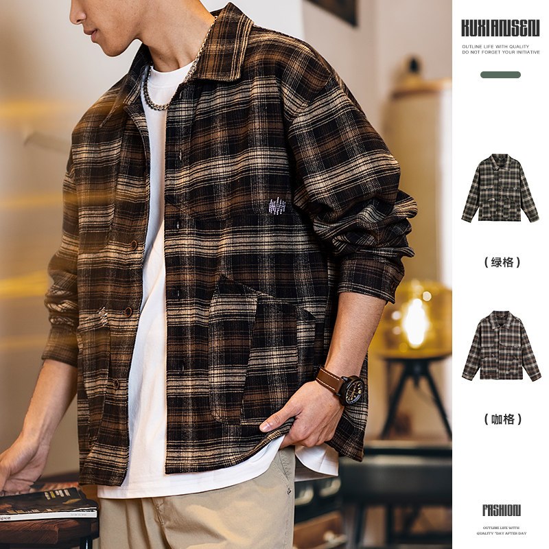 Wuluwear Men's Long Sleeve Autumn 2025 New Casual Embroidered Shirt Jacket Loose Checkered Shirt in American Retro Style