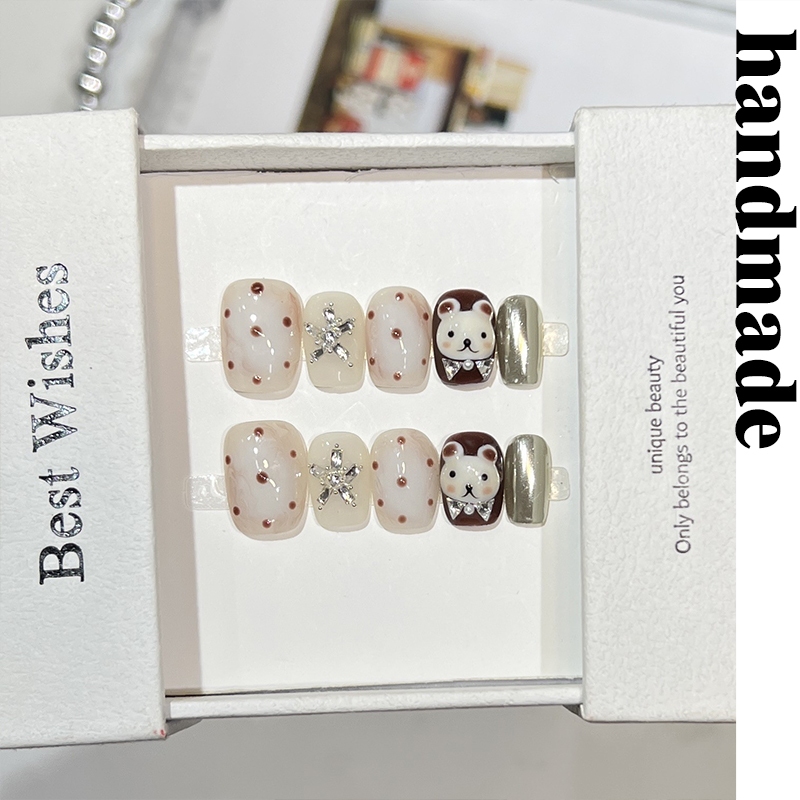 กดบนเล็บ handmade [Bear Baby Paradise] Cute Polka Dot ins nails Pinch Mr. Bear Zircon Diamond Wear n