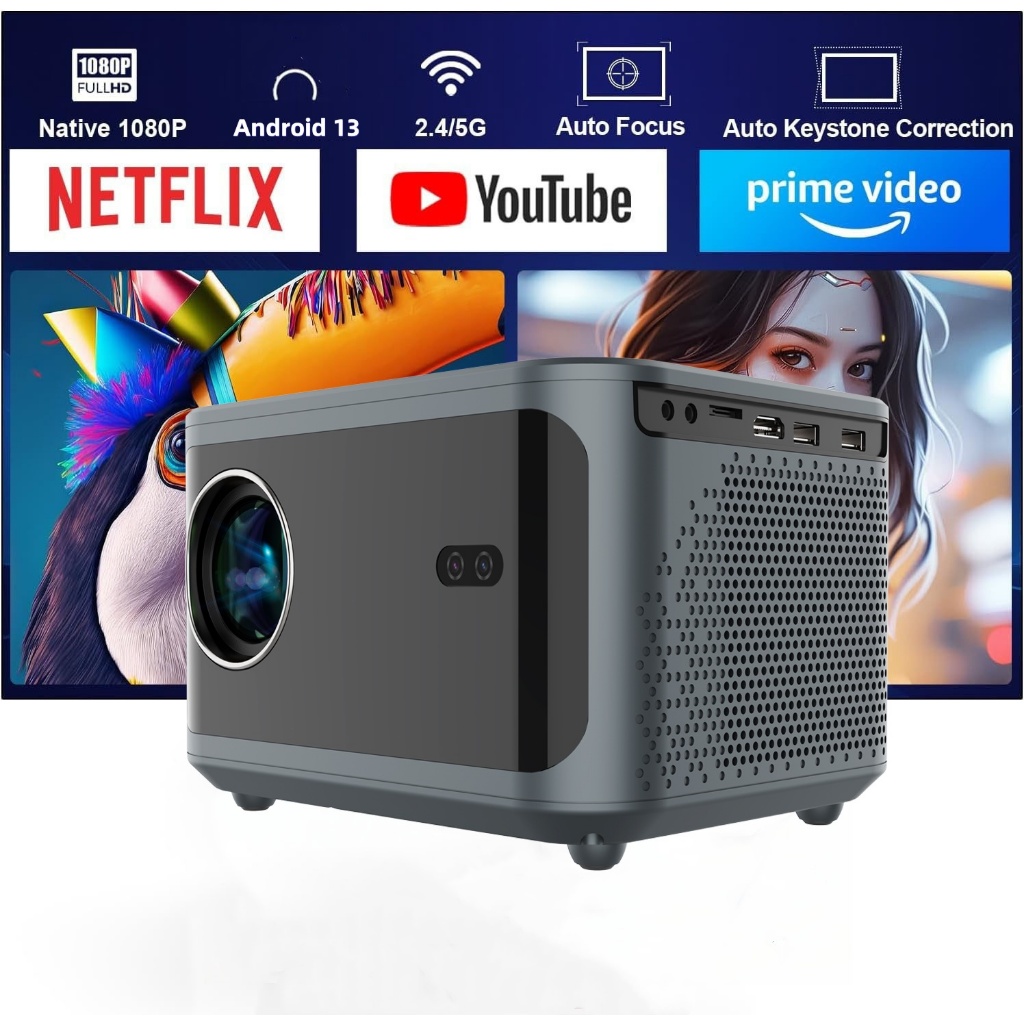 โปรเจคเตอร์ความละเอียด 1080P แบบอัตโนมัติเต็มรูปแบบ ปุ่มควบคุมแบบสัมผัส โปรเจคเตอร์ 4K ระบบปฏิบัติการ Android 13 โปรเจคเตอร์พกพาระดับไฮเอนด์ รองรับ WiFi 6 และ Bluetooth 5.2 สามารถเชื่อมต่อกับโทรศัพท์มือถือ คอมพิวเตอร์ ฯลฯ ได้