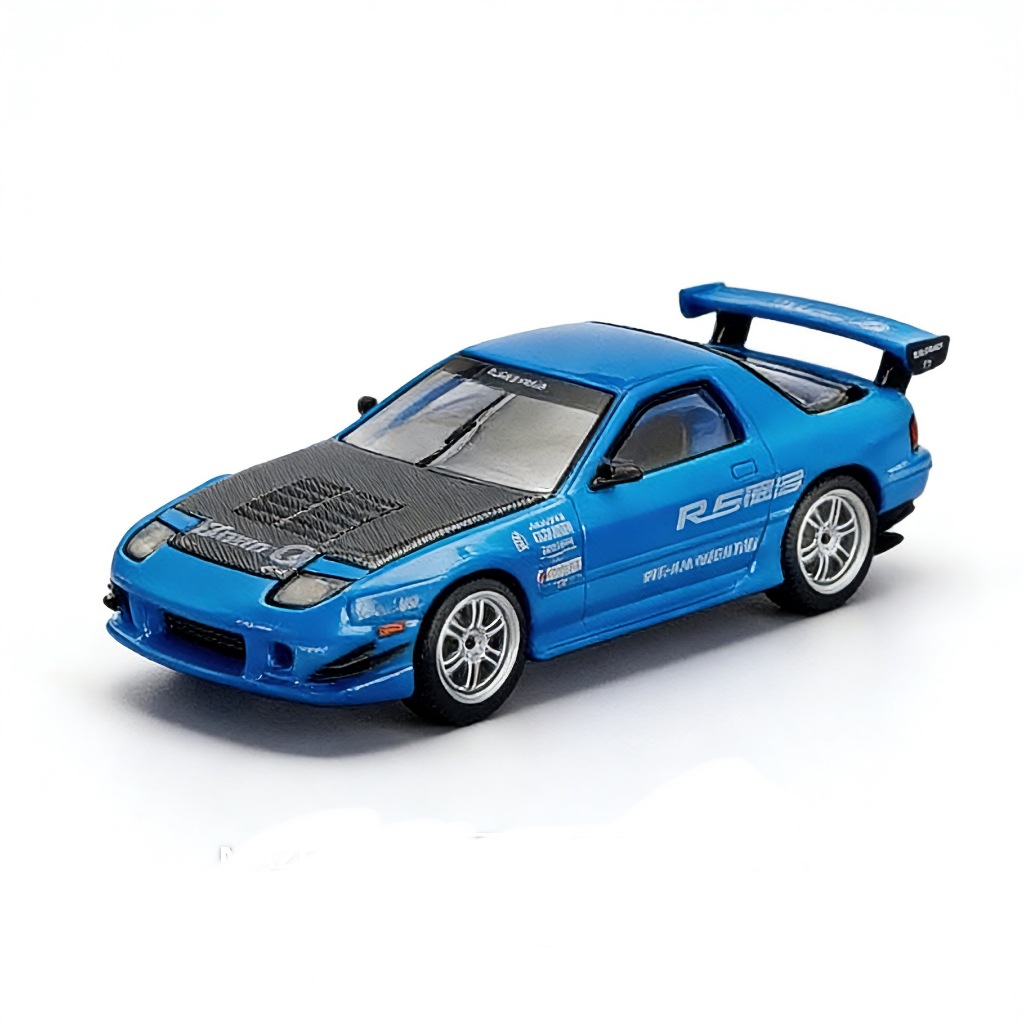 POPRACE 1: 64 Mazda RX7 FC3S Amemiya สีฟ้าขนาดเล็กจําลองรถรุ่นคอลเลกชันเครื่องประดับ