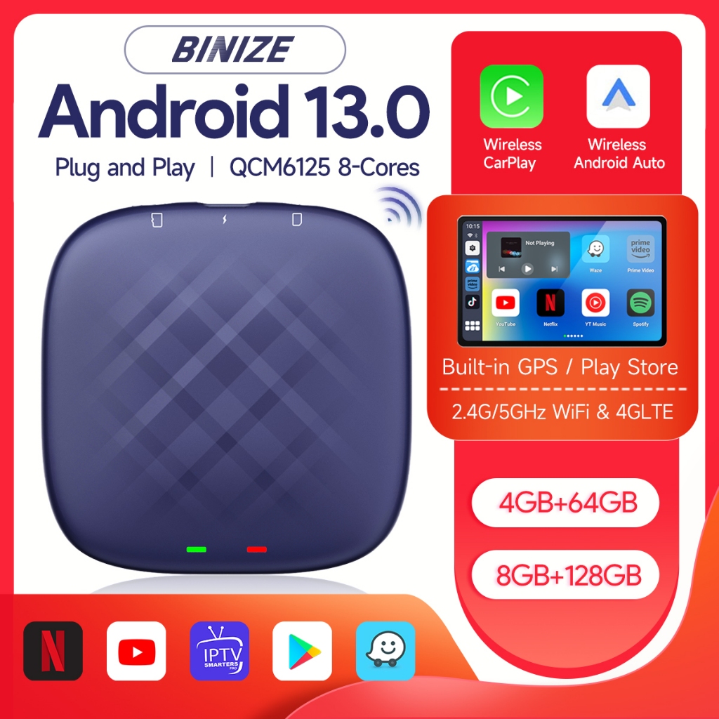 Binize Android 13.0 CarPlay Ai Box สําหรับ OEM แบบมีสาย CarPlay ไร้สาย Android Auto & CarPlay 4G LTE