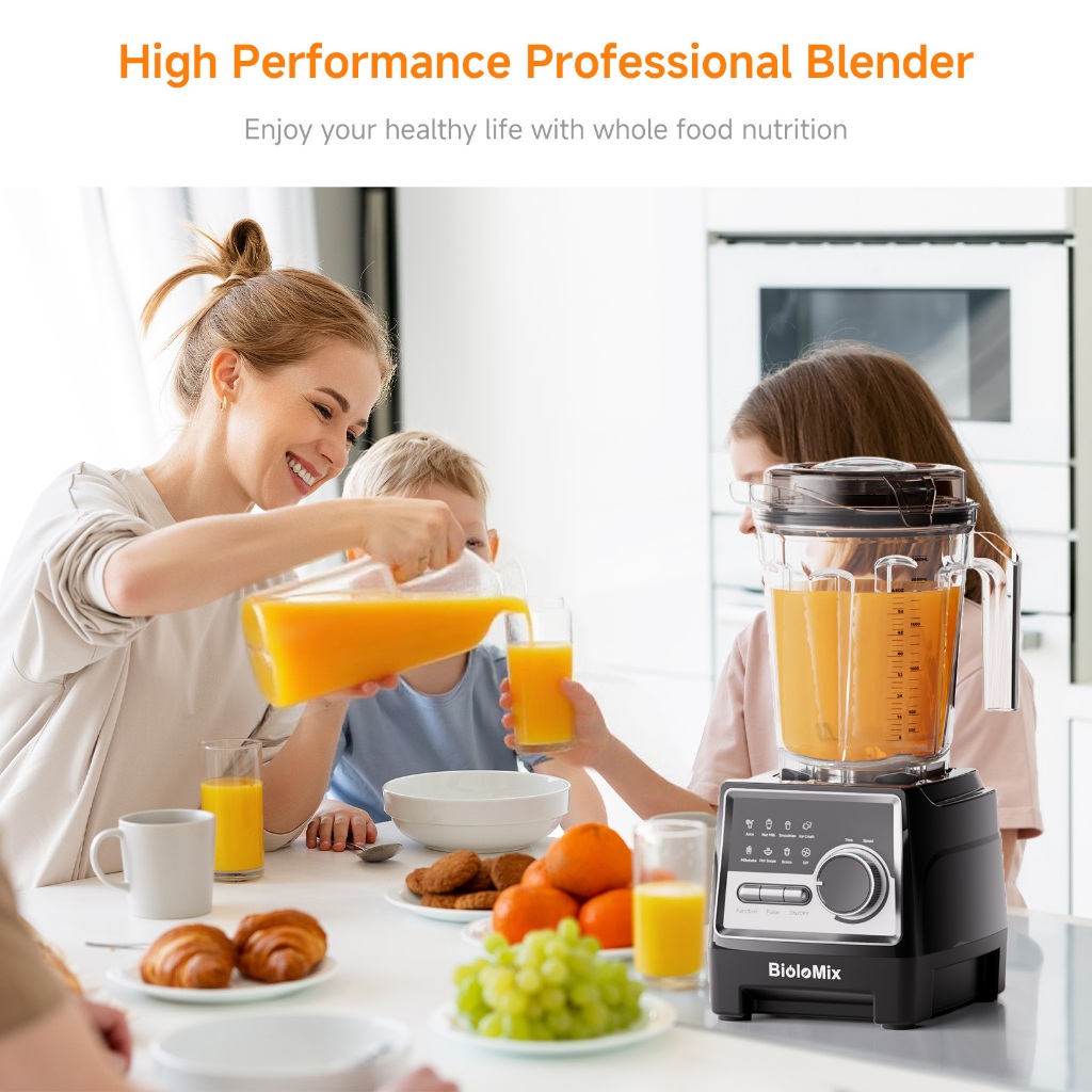 เครื่องปั่นมืออาชีพ BioloMix 1500W พร้อมโถปลอดสาร BPA 2.6 ลิตร พร้อมใบมีด 6 ใบ โปรแกรมรีเซ็ต 7 โปรแกรมสําหรับสมูทตี้, เขย่า, นมถั่ว
