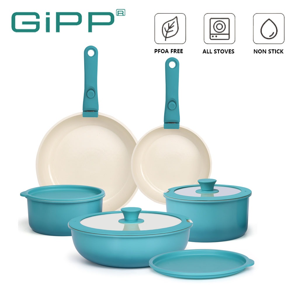 GIPP ที่ถอดออกได้ Handle Collection Blue Nonstick เซรามิค Rock ชุดเครื่องครัว 11 ชิ้น PFAS & PTFE & PFOA ฟรีกระทะเหมาะสําหรับเตาตั้งพื้นทั้งหมด
