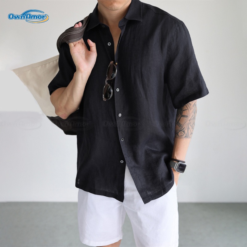 【โละตู้!!】เสื้อเชิ้ตแขนสั้นผู้ชายไซส์ใหญ่ ทรงหลวม ระบายอากาศดี สไตล์กึ่งทางการ เรียบง่าย สีดำล้วน