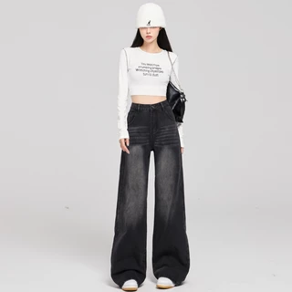 เอวสูง Y2K Vintage กางเกงยีนส์ขากว้างขาตรง ทรงหลวมฟิตและเสริมสร้างความสวยงาม อินเทรนด์สำหรับสวมใส่วันประจำTrou