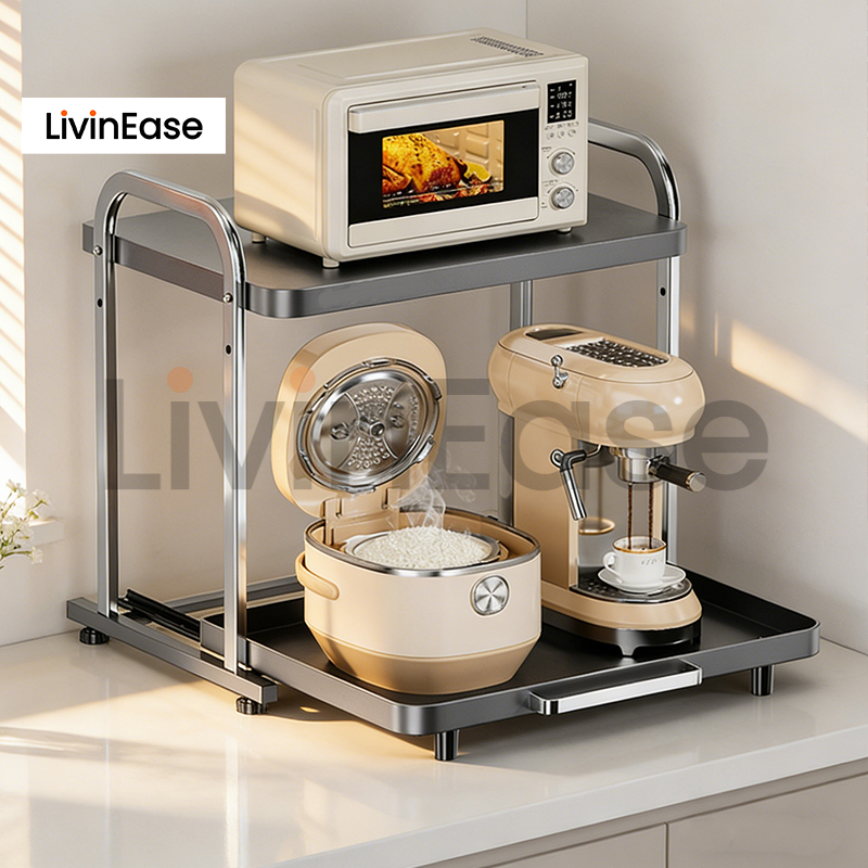 LivinEase ชั้นวางไมโครเวฟ ลิ้นชักเลื่อนออก ตะแกรงสแตนเลส สำหรับวางเครื่องชงกาแฟและเก็บของในครัว