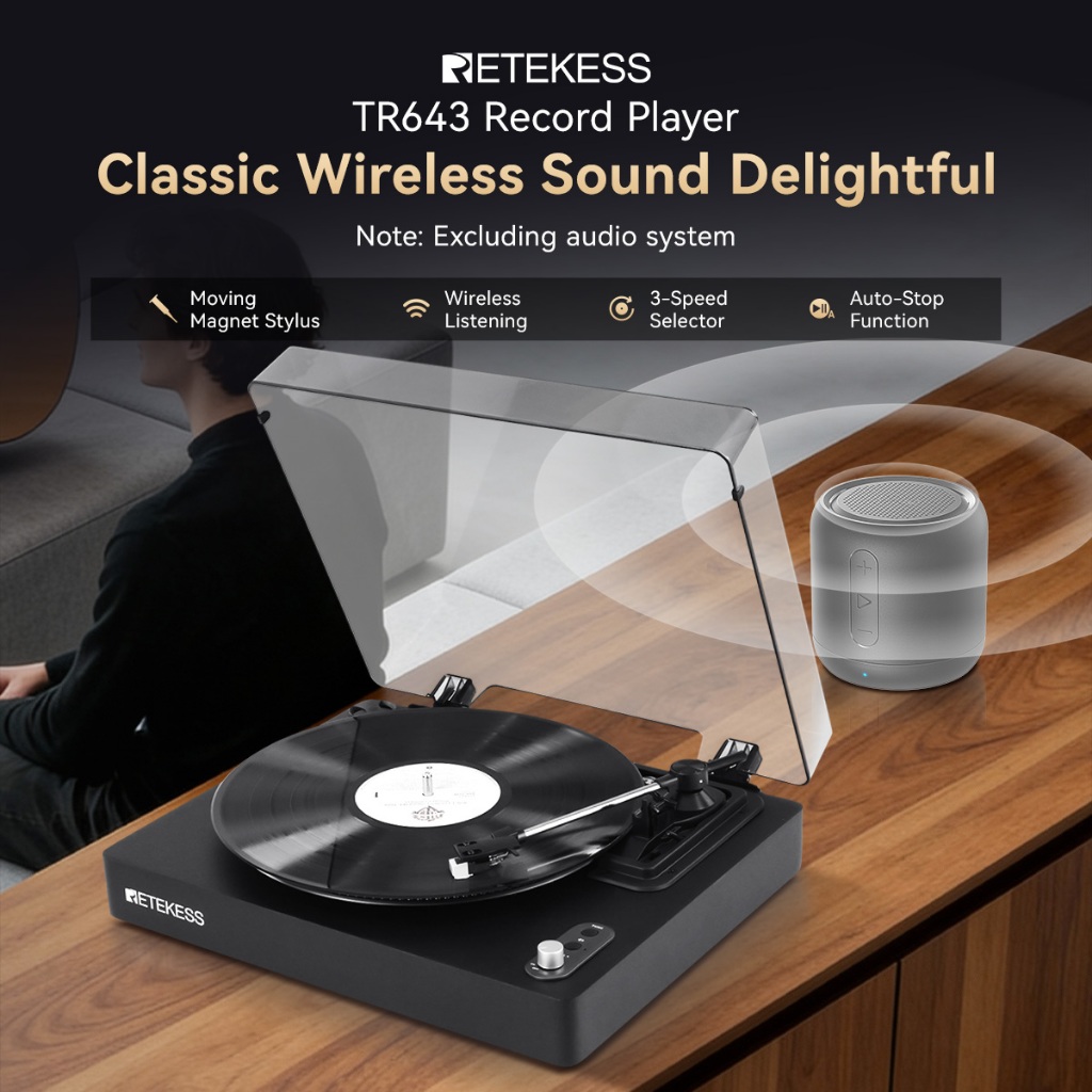 【จัดส่งในท้องถิ่น】Retekess TR643 เครื่องเล่นแผ่นเสียงบลูทูธเครื่องเล่นแผ่นเสียงไวนิลแผ่นเสียงพร้อมตัวเลือกความเร็ว (33/45/78) เอาต์พุต RCA 3.5 มม.AUX