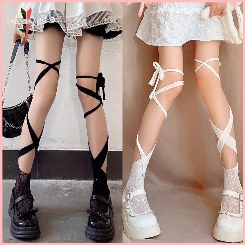 📢พร้อมส่งในไทย🚀ถุงน่องคลุมkolenka สไตล์ญี่ปุ่น บางเบา มีสายคาด เหมาะสำหรับ Lolita