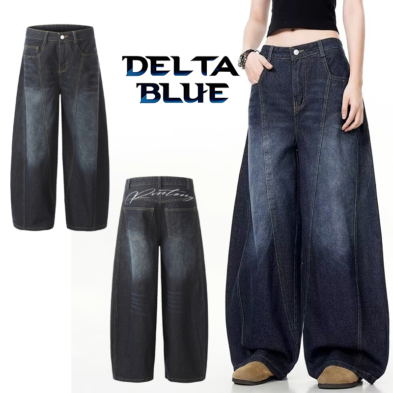 DELTA BLUE [พร้อมส่ง] กางเกงยีนส์ผู้ชาย หลังปักตัวอักษร Baggy Jeans สไตล์ American Retro ทรงหลวม - เ