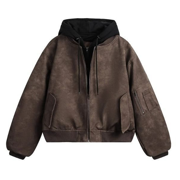 เสื้อแจ็คเก็ตหนังเทียมมีฮู้ด ออกแบบคลัสสิก สวมใส่ได้ในฤดูใบไม้ผลิ