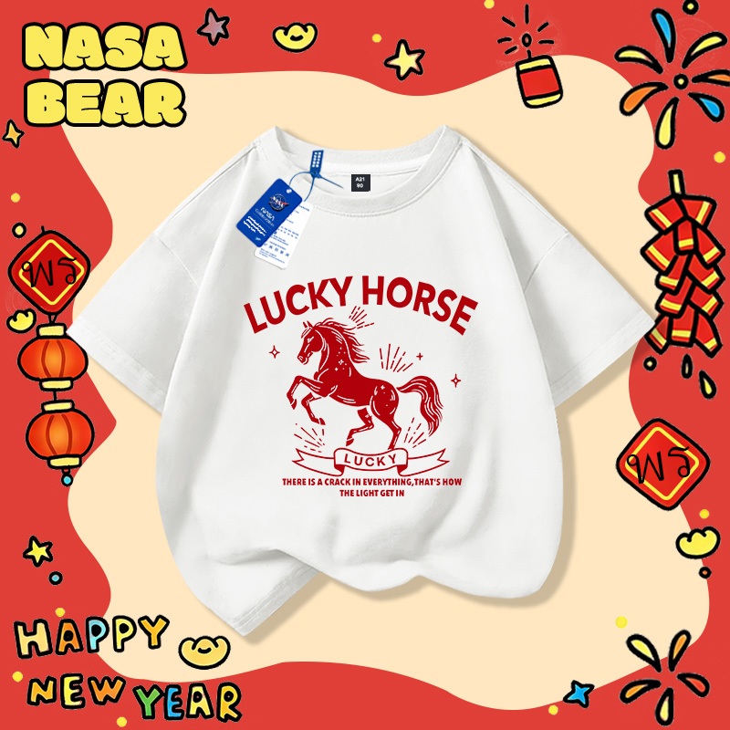 เสื้อยืดผ้าฝ้ายสีแดงสำหรับเด็ก NASA รุ่นพิเศษปีมะเมีย คำอวยพร 