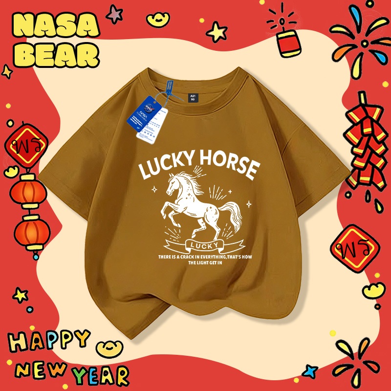 เสื้อยืดผ้าฝ้ายสีแดงสำหรับเด็ก NASA รุ่นพิเศษปีมะเมีย คำอวยพร 