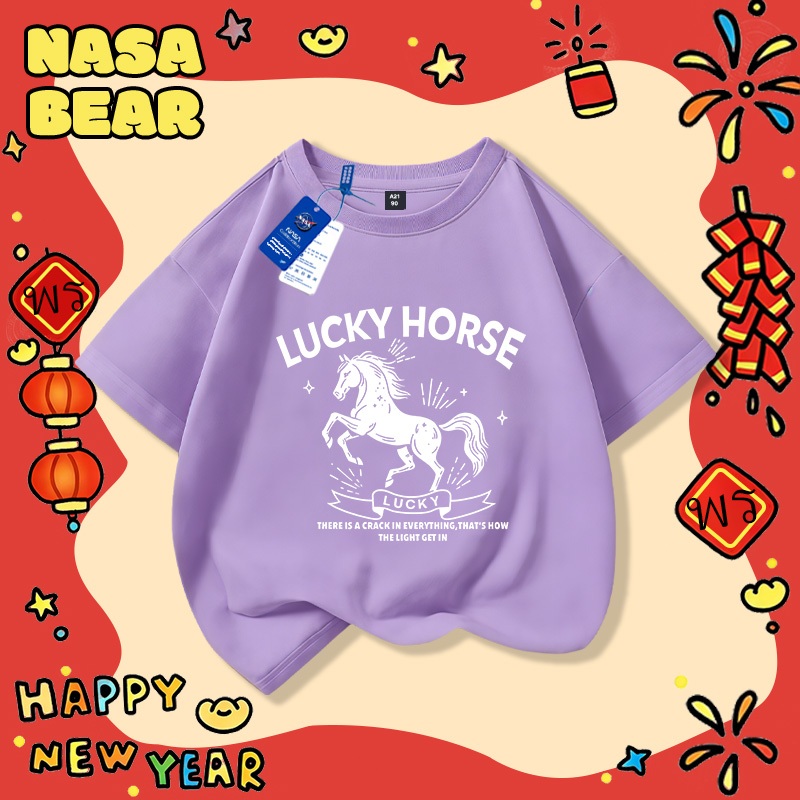 เสื้อยืดผ้าฝ้ายสีแดงสำหรับเด็ก NASA รุ่นพิเศษปีมะเมีย คำอวยพร 