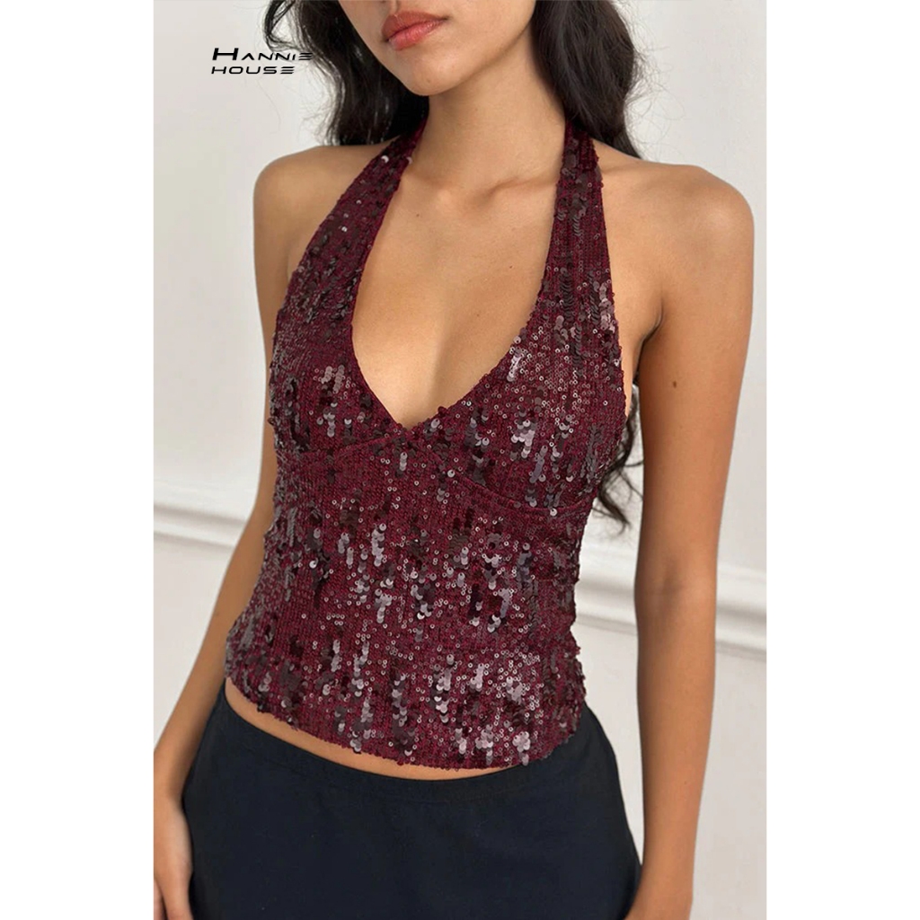 เสื้อกล้าม HANIE House ทรง.slim fit สไตล์ halter พร้อมดีไซน์เปิดหลังและคอดิープ V เหมาะสำหรับฤดูร้อน