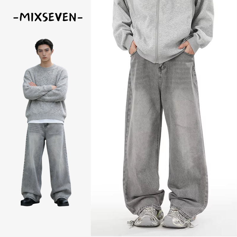 MIXSEVEN-กางเกงยีนส์ผู้ชาย สีเทา สไตล์ใหม่ ขากว้างตรง  กระบอกใหญ่ ย้อนยุค สไตล์เกาหลี M-3XL