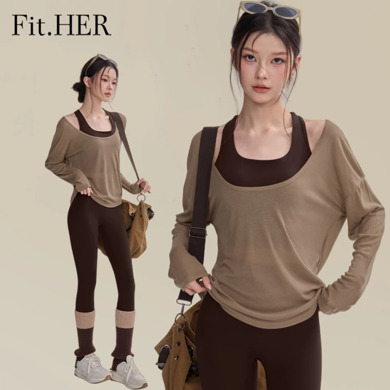 Fit.HER ผ้าคลุมโยคะทรงหลวมสำหรับผู้หญิง, เสื้อท็อปแขนยาวระบายอากาศสำหรับการออกกำลังกายหลากหลายแบบ