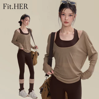 Fit.HER ผ้าคลุมโยคะทรงหลวมสำหรับผู้หญิง, เสื้อท็อปแขนยาวระบายอากาศสำหรับการออกกำลังกายหลากหลายแบบ