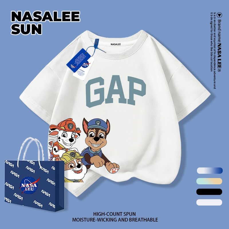 จัดส่งภายใน 48 ชั่วโมง เสื้อยืดผ้าฝ้ายสีขาวสำหรับเด็ก NASA พิมพ์ลาย Paw Patrol อายุ 3-16 ปี เสื้อแขนสั้นสวมใส่สบายสำหรับเด็กชายและเด็กหญิง