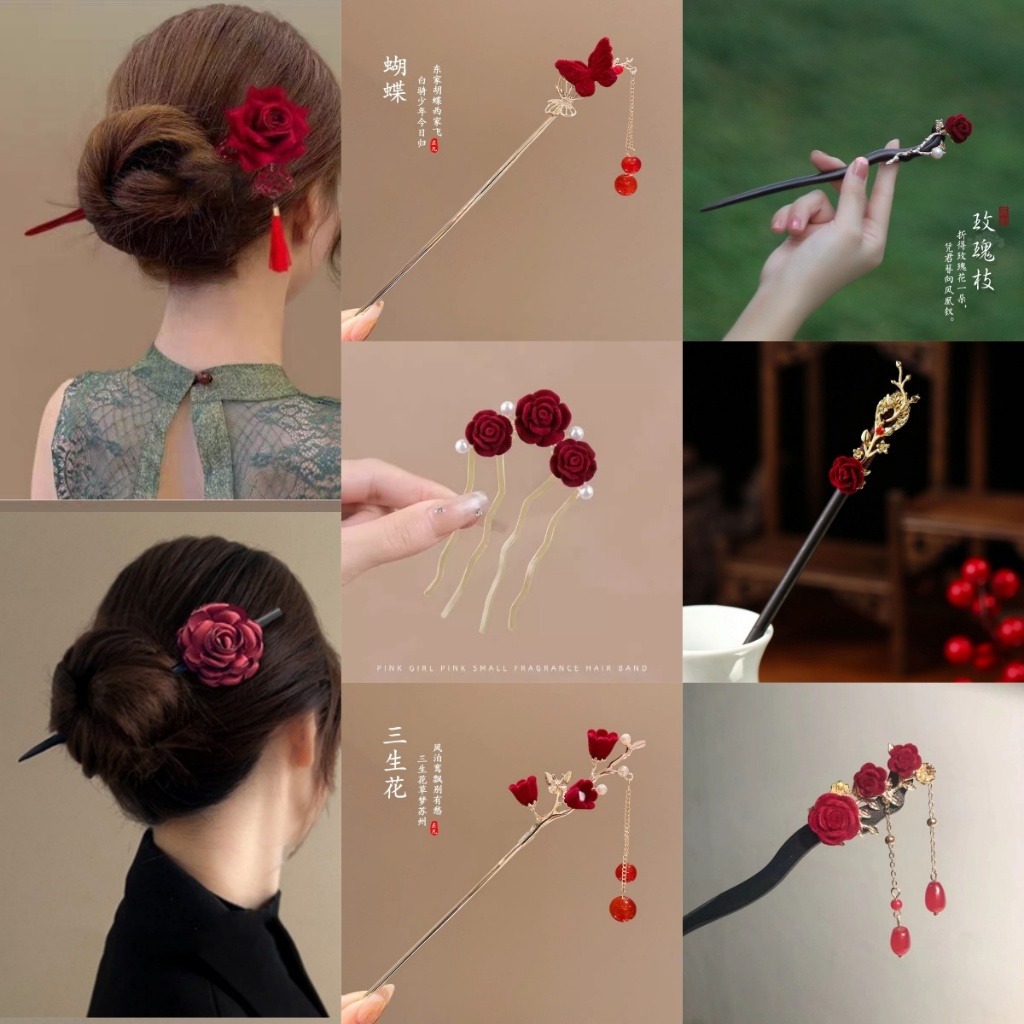 พู่กิ๊บและผ้าโพกศีรษะสไตล์ใหม่สำหรับผู้หญิง ตกแต่งด้วยกุหลาบสีแดง