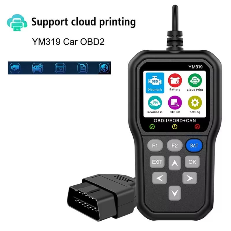 YM319 OBD2 เครื่องสแกนเนอร์เครื่องมือวินิจฉัยรถยนต์หลายภาษาพร้อมเครื่องทดสอบแบตเตอรี่และเครื่องอ่านร