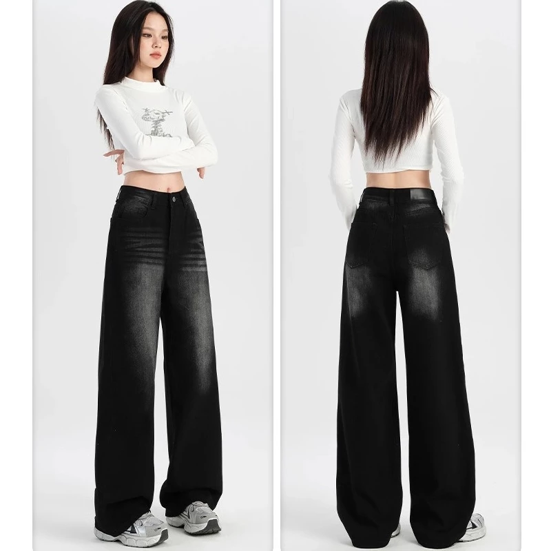 2025 Y2K Retro ขาตรงกางเกงยีนส์ขากว้างผู้หญิงเอวสูงหลวม Fit Slimming แฟชั่น All-Match Daily Denim กางเกง