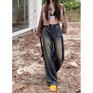กางเกงยีนส์ขาตรงขากว้าง Y2K Retro สำหรับผู้หญิงเอวสูงทรงหลวม.fit.slimming เหมาะสำหรับทุกวันและตามแฟชั่นล่าสุด